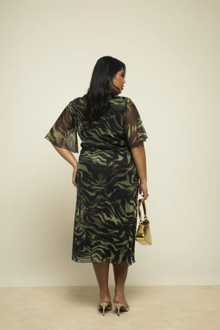 Curve Khaki Zebra Ruched Front Flutter Sleeve Midi Dress
