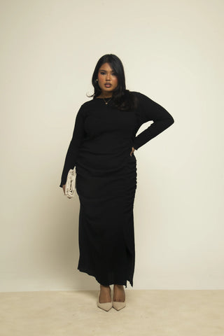 Curve Black Textured Crinkle Ruched Midaxi Dress