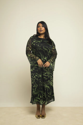 Curve flare sleeve loose fit A line dress in khaki zebra print