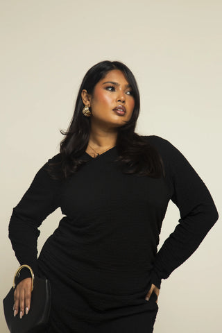 Curve Black Textured Wrap Top Long Sleeve Midaxi Dress