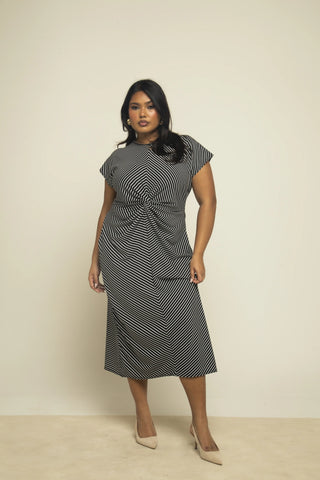 Curve Monochrome Knitted Stripe Capped Sleeve Midi Dress