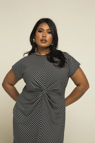 Curve Monochrome Knitted Stripe Capped Sleeve Midi Dress