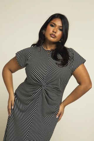 Curve Monochrome Knitted Stripe Capped Sleeve Midi Dress