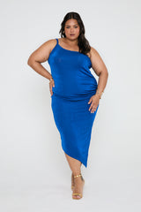 One shoulder midi dress in bright cobalt