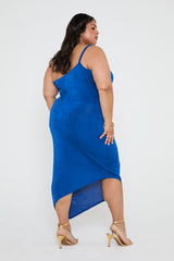 One shoulder midi dress in bright cobalt