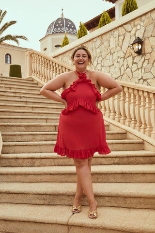 FASHION SZN X ASHLEIGH HUISH Ruffle mini dress with corsage in Red