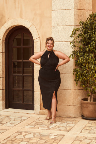 FASHION SZN X ASHLEIGH HUISH plisse halterneck dress in black