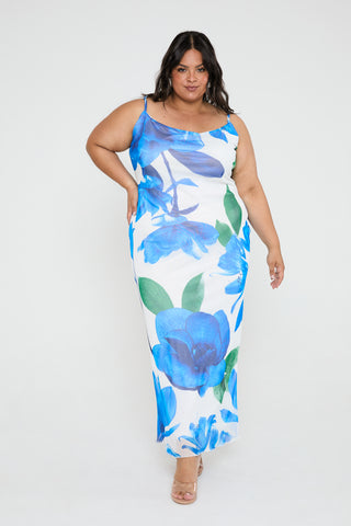 strappy mesh maxi dress in bold floral print
