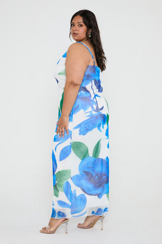 strappy mesh maxi dress in bold floral print