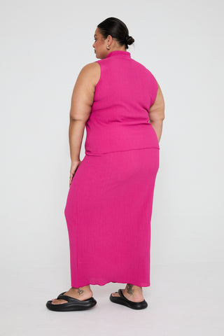 Textured Crinkle High Neck stretch Top in Hot Pink
