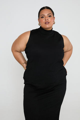 High neck top in textured stretch crinkle