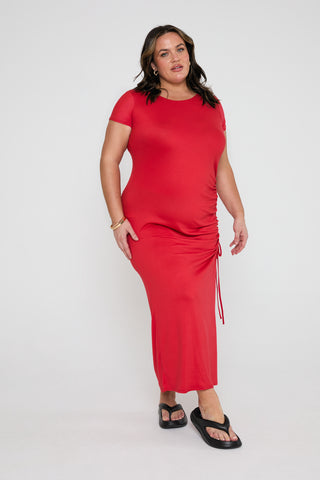 BASICS SZN Short Sleeve ruched side Supersoft Jersey Midaxi Dress in Red