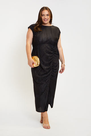 Plisse ruched front cowl back midaxi dress in black