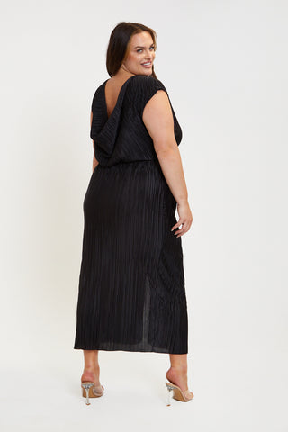 Plisse ruched front cowl back midaxi dress in black