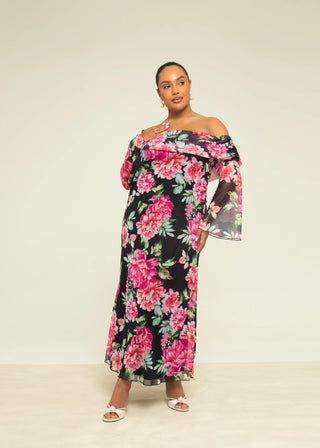 Curve Floral Print Bardot Mesh Midi Dress