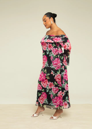 Curve Floral Print Bardot Mesh Midi Dress