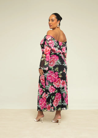 Curve Floral Print Bardot Mesh Midi Dress