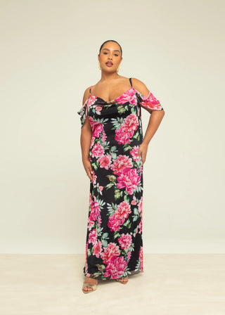 Curve Floral Print Cold Shoulder Maxi Dress