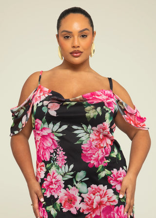 Curve Floral Print Cold Shoulder Maxi Dress