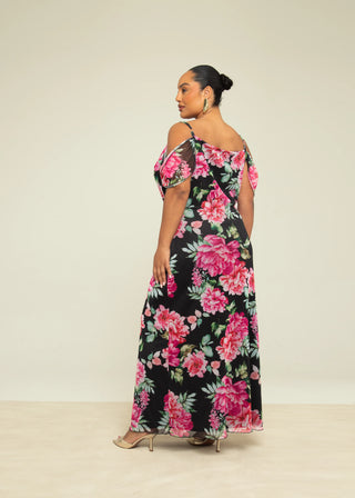 Curve Floral Print Cold Shoulder Maxi Dress