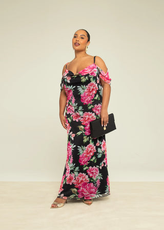 Curve Floral Print Cold Shoulder Maxi Dress