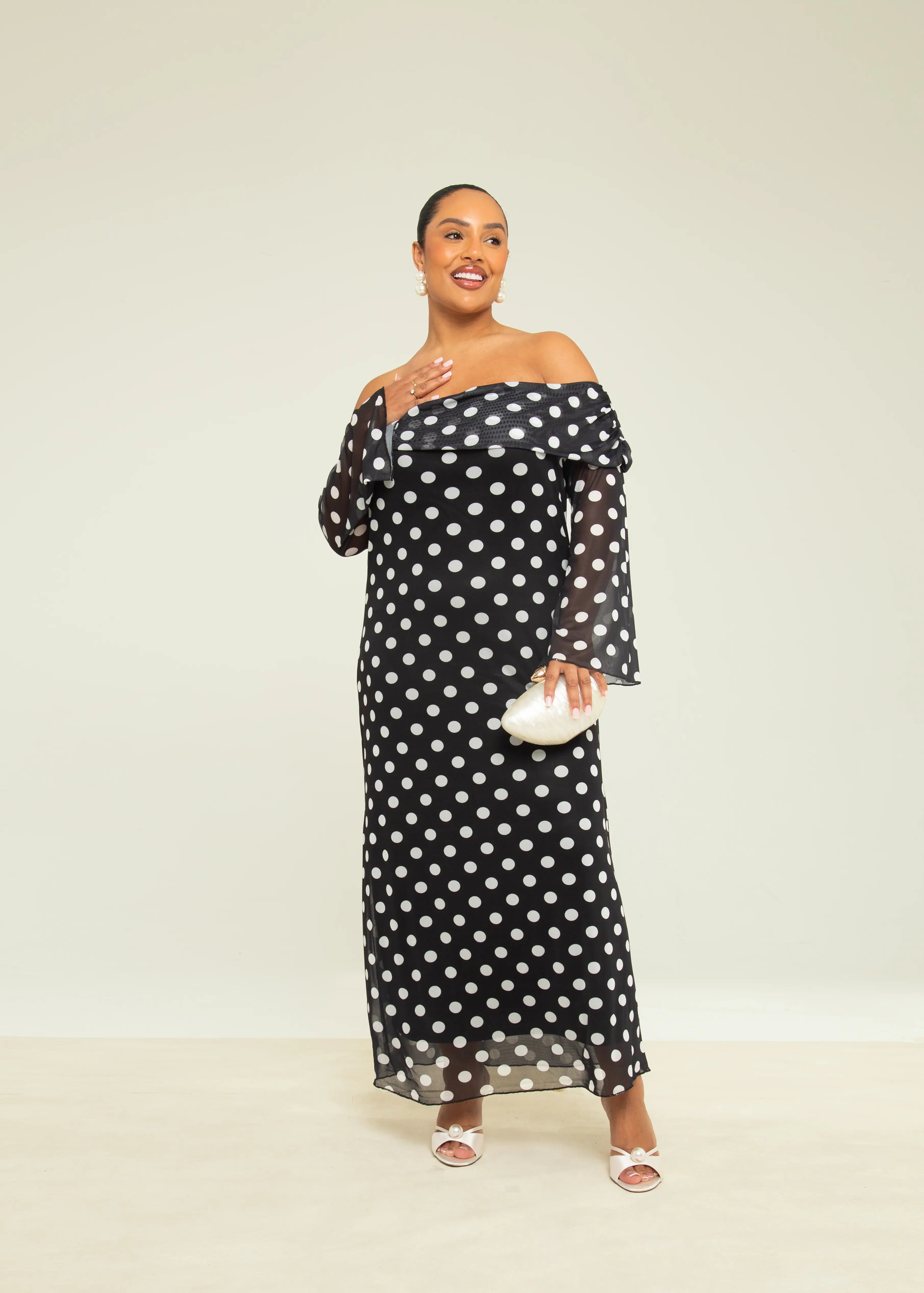 Plus Size Polka Dot Bardot Mesh Midi Dress Fashion//SZN Plus Size Polka Dot Bardot Mesh Midi Dress Fashion//SZN