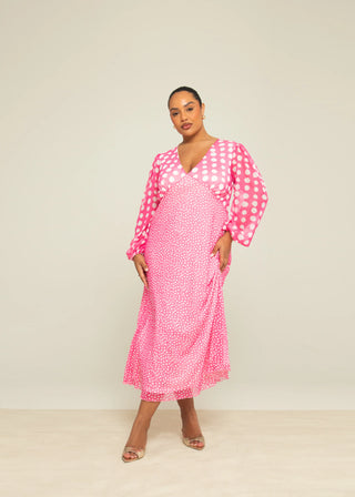 Curve Mixed Polka Dot Balloon Sleeve Midi Dress
