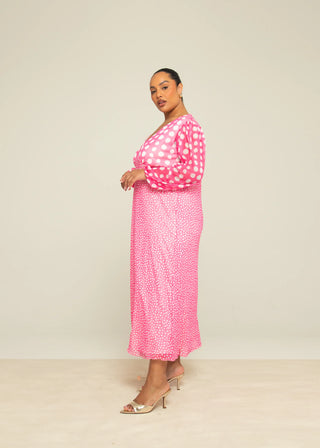 Curve Mixed Polka Dot Balloon Sleeve Midi Dress