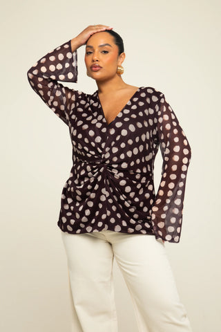 Curve Polka Dot Twist Front Flare Sleeve Mesh Blouse