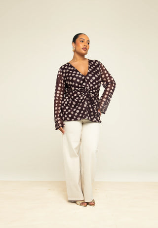 Curve Polka Dot Twist Front Flare Sleeve Mesh Blouse