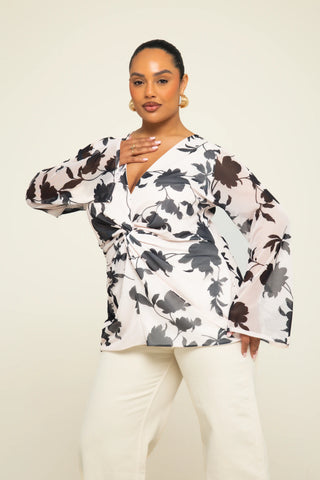 Curve Floral Print Twist Front Flare Sleeve Mesh Blouse