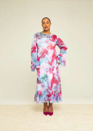 Curve Blurred Floral Ruffle Swing Maxi Dress