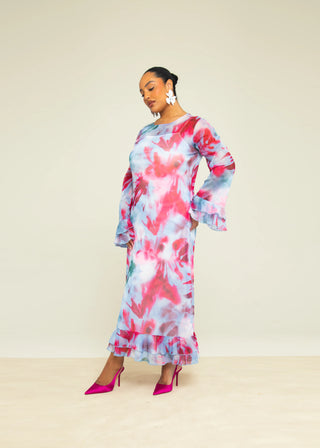 Curve Blurred Floral Ruffle Swing Maxi Dress