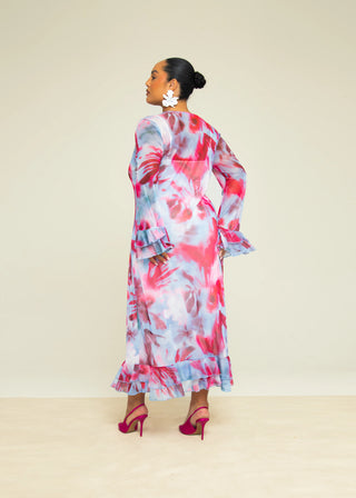 Curve Blurred Floral Ruffle Swing Maxi Dress
