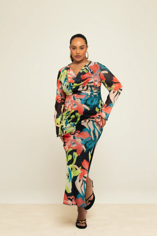 Curve Abstract Floral Print Cowl Neck Maxi Dress