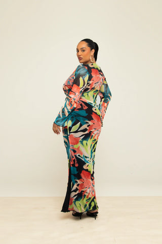 Curve Abstract Floral Print Cowl Neck Maxi Dress
