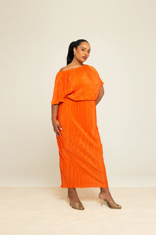 Curve Plisse drop shoulder midi dress in bright orange