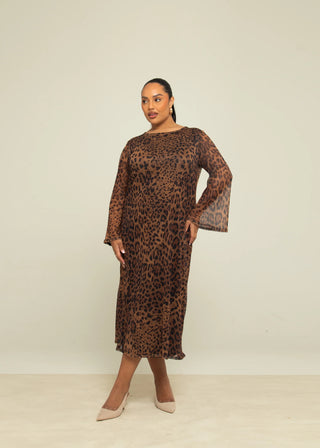 Curve Brown Leopard Print Flare Sleeve Midaxi Dress