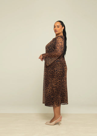 Curve Brown Leopard Print Flare Sleeve Midaxi Dress