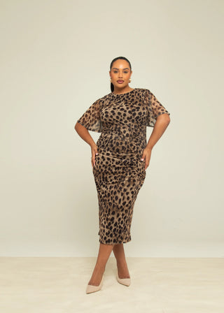 Curve Brown Leopard Print Flutter Sleeve Ruched Midi Dress