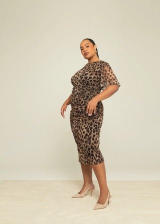Curve Brown Leopard Print Flutter Sleeve Ruched Midi Dress