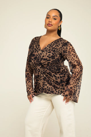 Curve Leopard Print Twist Front Flare Sleeve Mesh Blouse