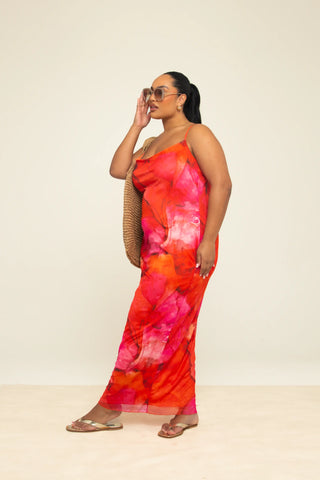 Curve Strappy Abstract Print mesh Maxi Dress