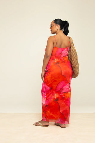 Curve Strappy Abstract Print mesh Maxi Dress
