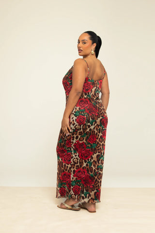 Curve Mesh Strappy Maxi Dress in Rose and Leopard Print