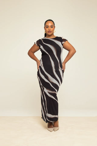 Curve capped sleeve zebra monochrome print mesh midaxi dress