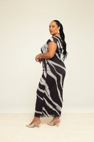 Curve capped sleeve zebra monochrome print mesh midaxi dress