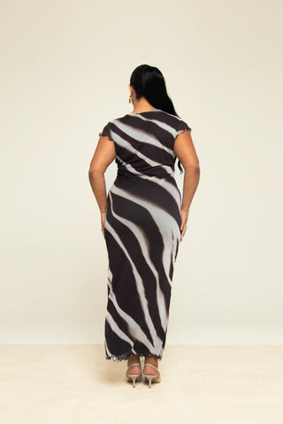 Curve capped sleeve zebra monochrome print mesh midaxi dress