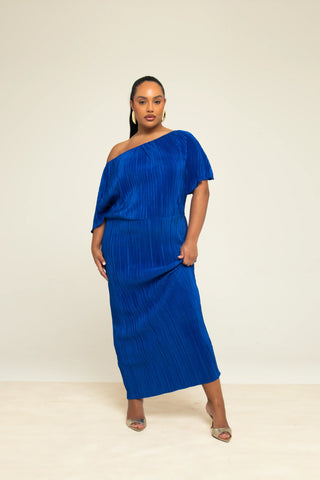 Curve Drop Shoulder Plisse Dress In Cobalt Blue