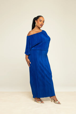 Curve Drop Shoulder Plisse Dress In Cobalt Blue